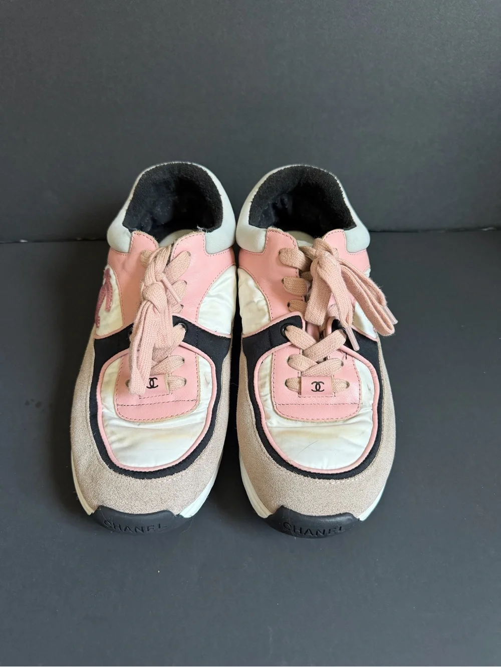 CHANEL Pink, Cream & Black Mixed-Material Sneakers